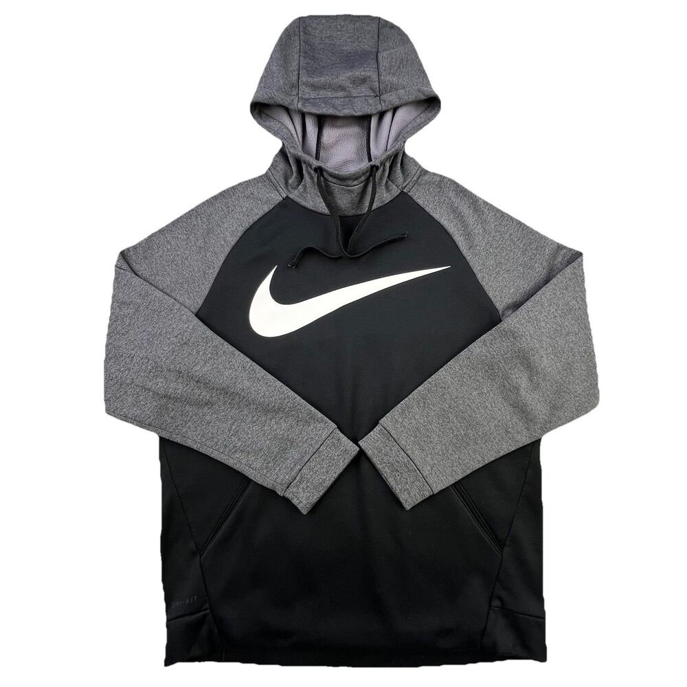 Nike Hoodie Mens M Black Gray Dri-FIT Colorblock Swoosh Logo Pullover Athletic